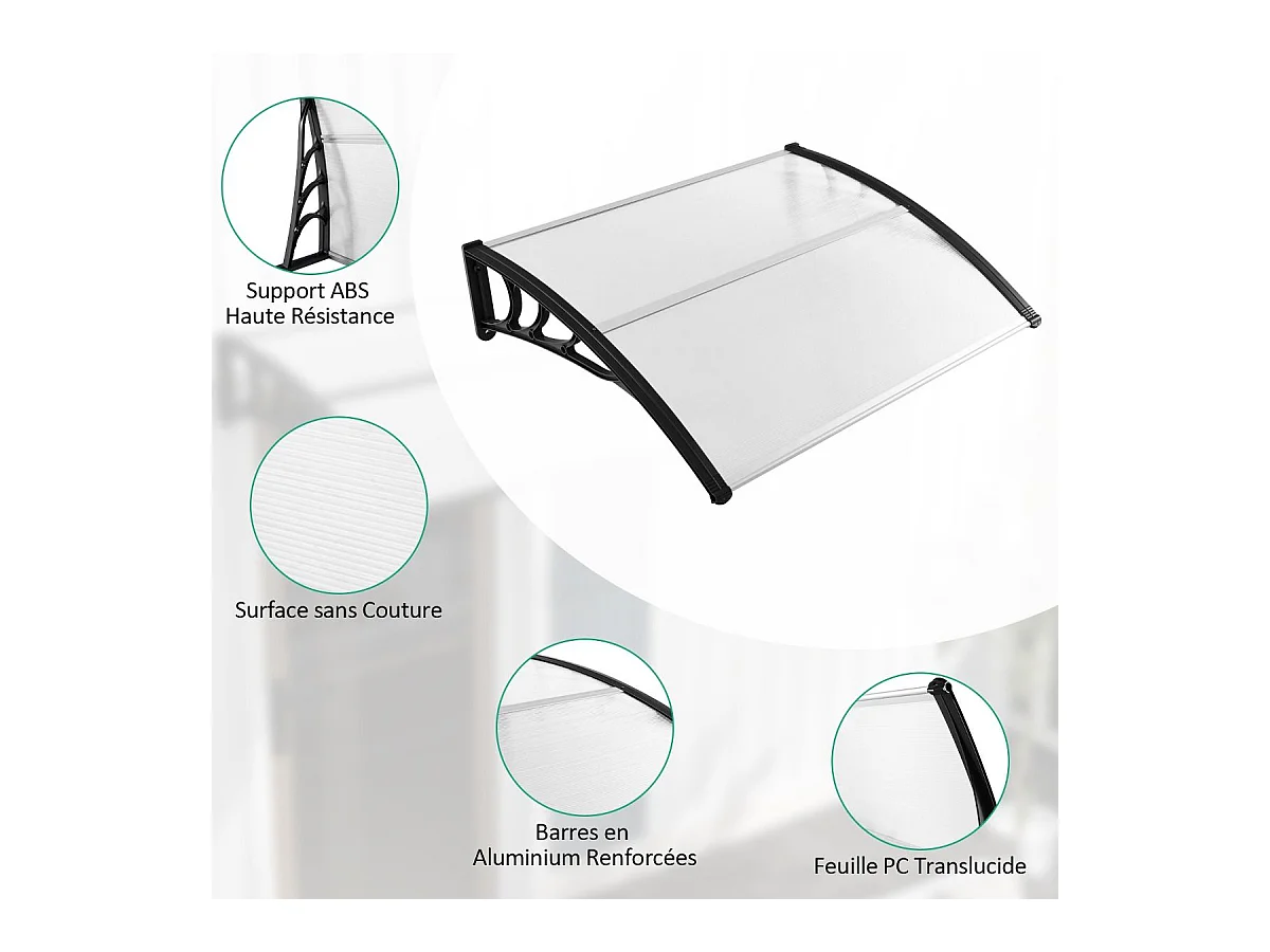 Auvent Porte d'Entree de 122 x 99 cm Protection Solaire, Marquise de Porte et Fenêtre Extérieur Plaque en Polycarbonate Protection Contre Pluie Neige Vent (Noir)