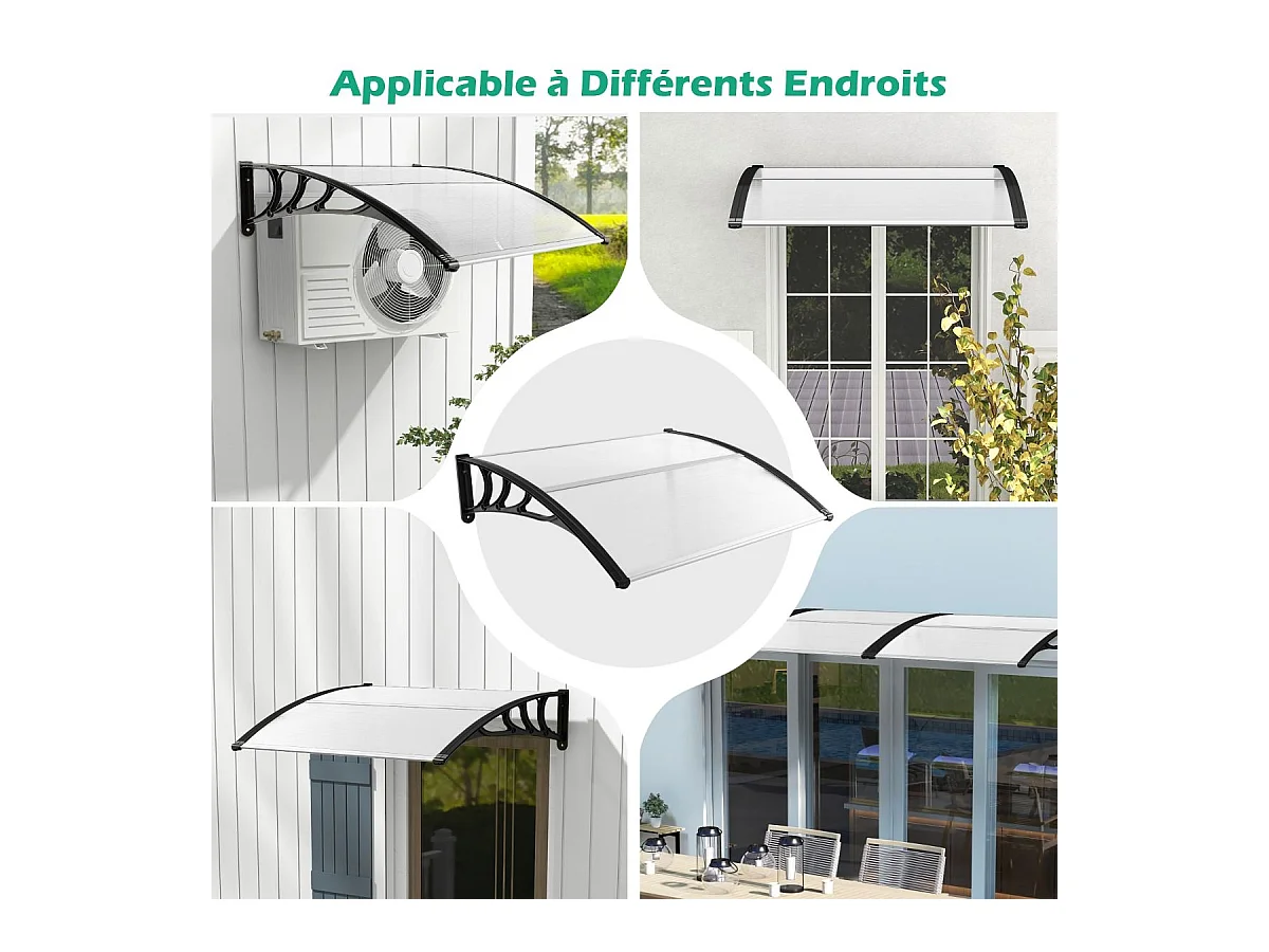 Auvent Porte d'Entree de 122 x 99 cm Protection Solaire, Marquise de Porte et Fenêtre Extérieur Plaque en Polycarbonate Protection Contre Pluie Neige Vent (Noir)