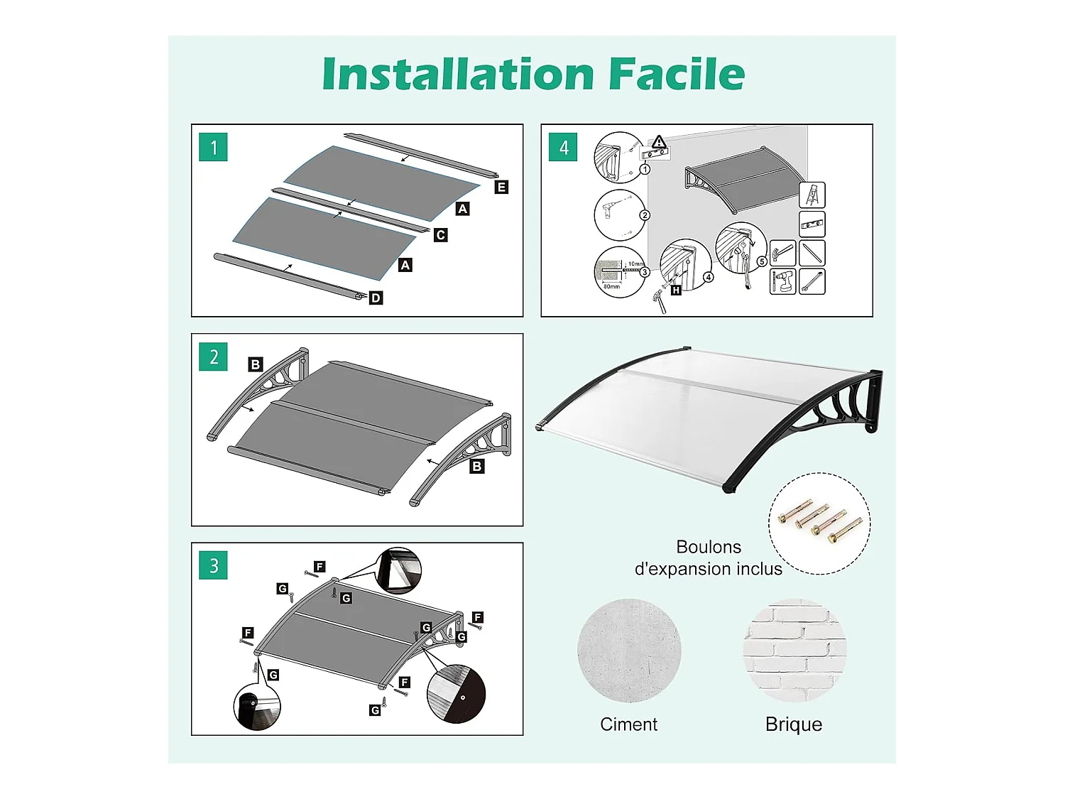 Auvent Porte d'Entree de 122 x 99 cm Protection Solaire, Marquise de Porte et Fenêtre Extérieur Plaque en Polycarbonate Protection Contre Pluie Neige Vent (Noir)