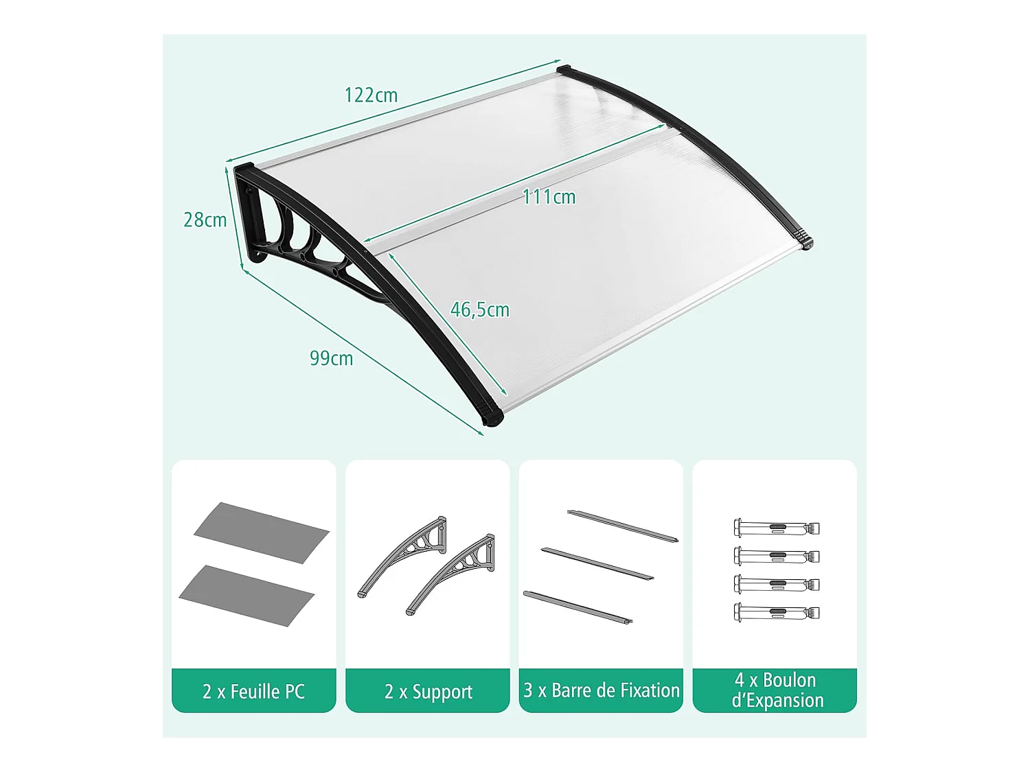 Auvent Porte d'Entree de 122 x 99 cm Protection Solaire, Marquise de Porte et Fenêtre Extérieur Plaque en Polycarbonate Protection Contre Pluie Neige Vent (Noir)