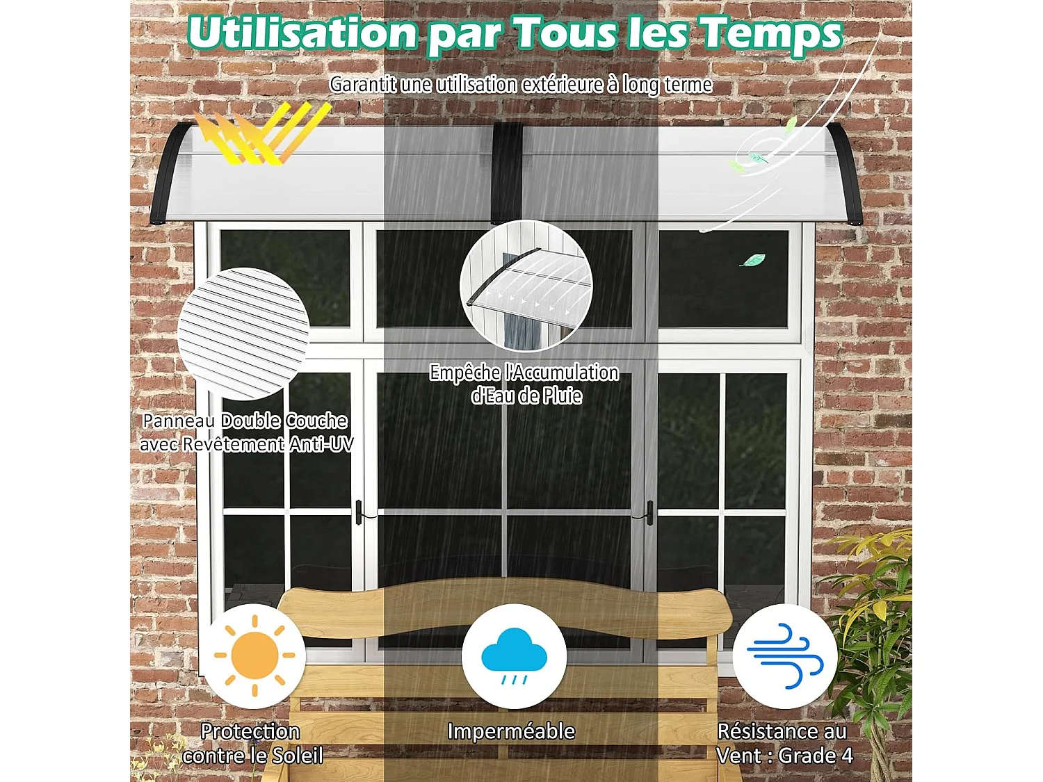 Auvent Porte d'Entree de 122 x 99 cm Protection Solaire, Marquise de Porte et Fenêtre Extérieur Plaque en Polycarbonate Protection Contre Pluie Neige Vent (Noir)