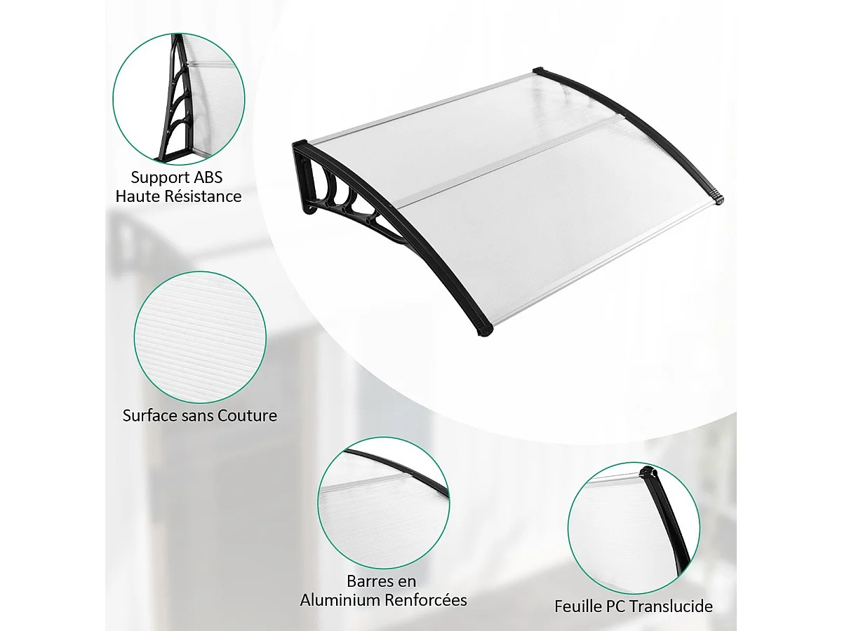 Auvent Porte d'Entree de 122 x 99 cm Protection Solaire, Marquise de Porte et Fenêtre Extérieur Plaque en Polycarbonate Protection Contre Pluie Neige Vent (Noir)