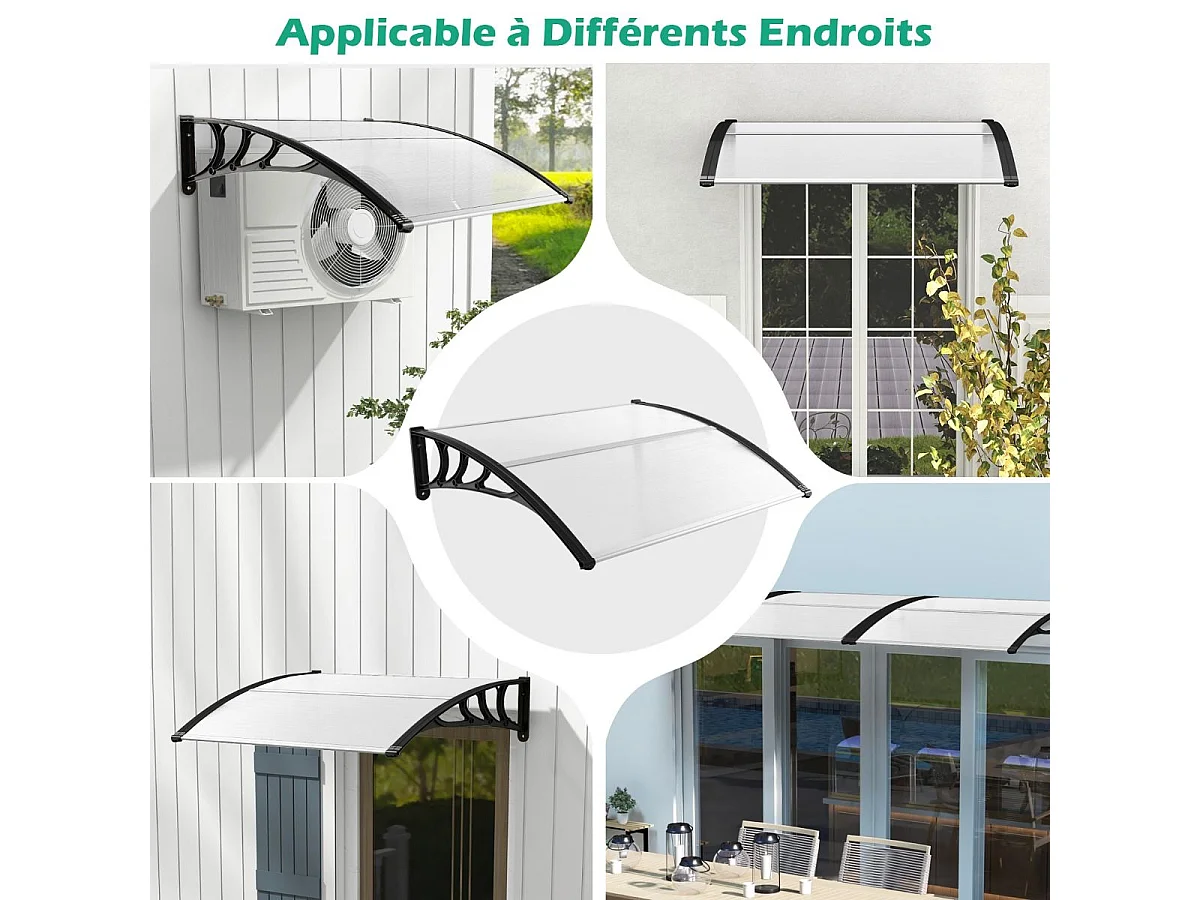 Auvent Porte d'Entree de 122 x 99 cm Protection Solaire, Marquise de Porte et Fenêtre Extérieur Plaque en Polycarbonate Protection Contre Pluie Neige Vent (Noir)