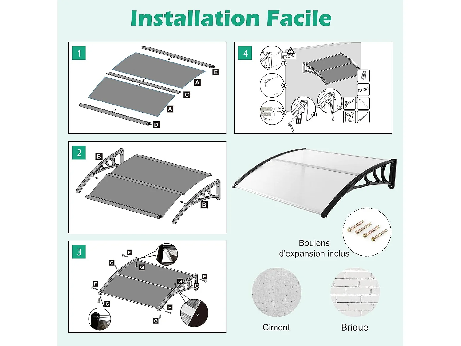 Auvent Porte d'Entree de 122 x 99 cm Protection Solaire, Marquise de Porte et Fenêtre Extérieur Plaque en Polycarbonate Protection Contre Pluie Neige Vent (Noir)