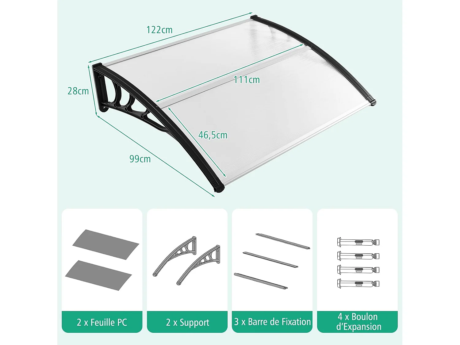 Auvent Porte d'Entree de 122 x 99 cm Protection Solaire, Marquise de Porte et Fenêtre Extérieur Plaque en Polycarbonate Protection Contre Pluie Neige Vent (Noir)