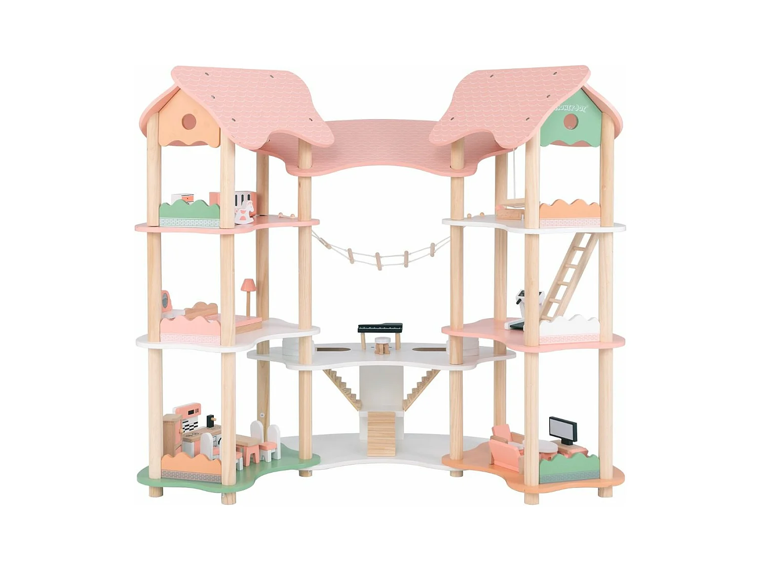 Maison de Poupée en Bois avec 7 Pièces & 32 Meubles, Maison de Rêve à 3 Étages avec Piano & Toit Rose, Jeu d’Imitation Princesse pour Enfants de 3-8 Ans