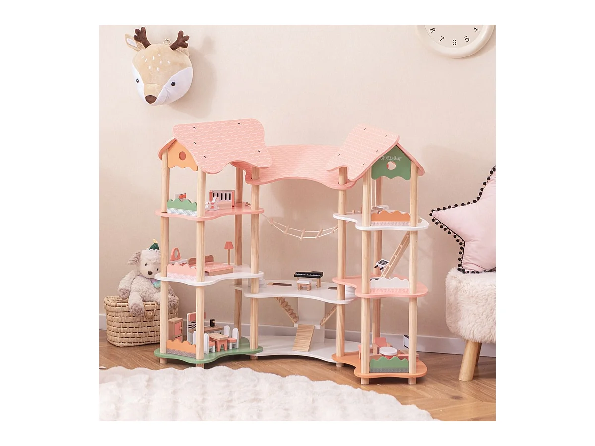 Maison de Poupée en Bois avec 7 Pièces & 32 Meubles, Maison de Rêve à 3 Étages avec Piano & Toit Rose, Jeu d’Imitation Princesse pour Enfants de 3-8 Ans