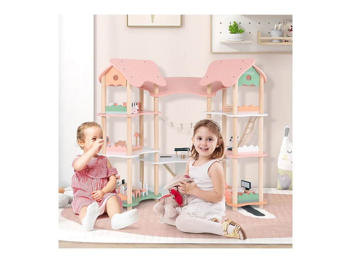 Maison de Poupée en Bois avec 7 Pièces & 32 Meubles, Maison de Rêve à 3 Étages avec Piano & Toit Rose, Jeu d’Imitation Princesse pour Enfants de 3-8 Ans