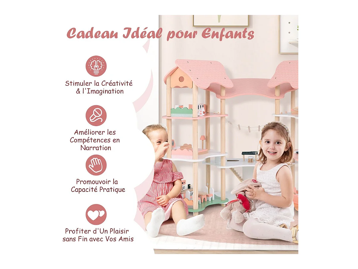 Maison de Poupée en Bois avec 7 Pièces & 32 Meubles, Maison de Rêve à 3 Étages avec Piano & Toit Rose, Jeu d’Imitation Princesse pour Enfants de 3-8 Ans