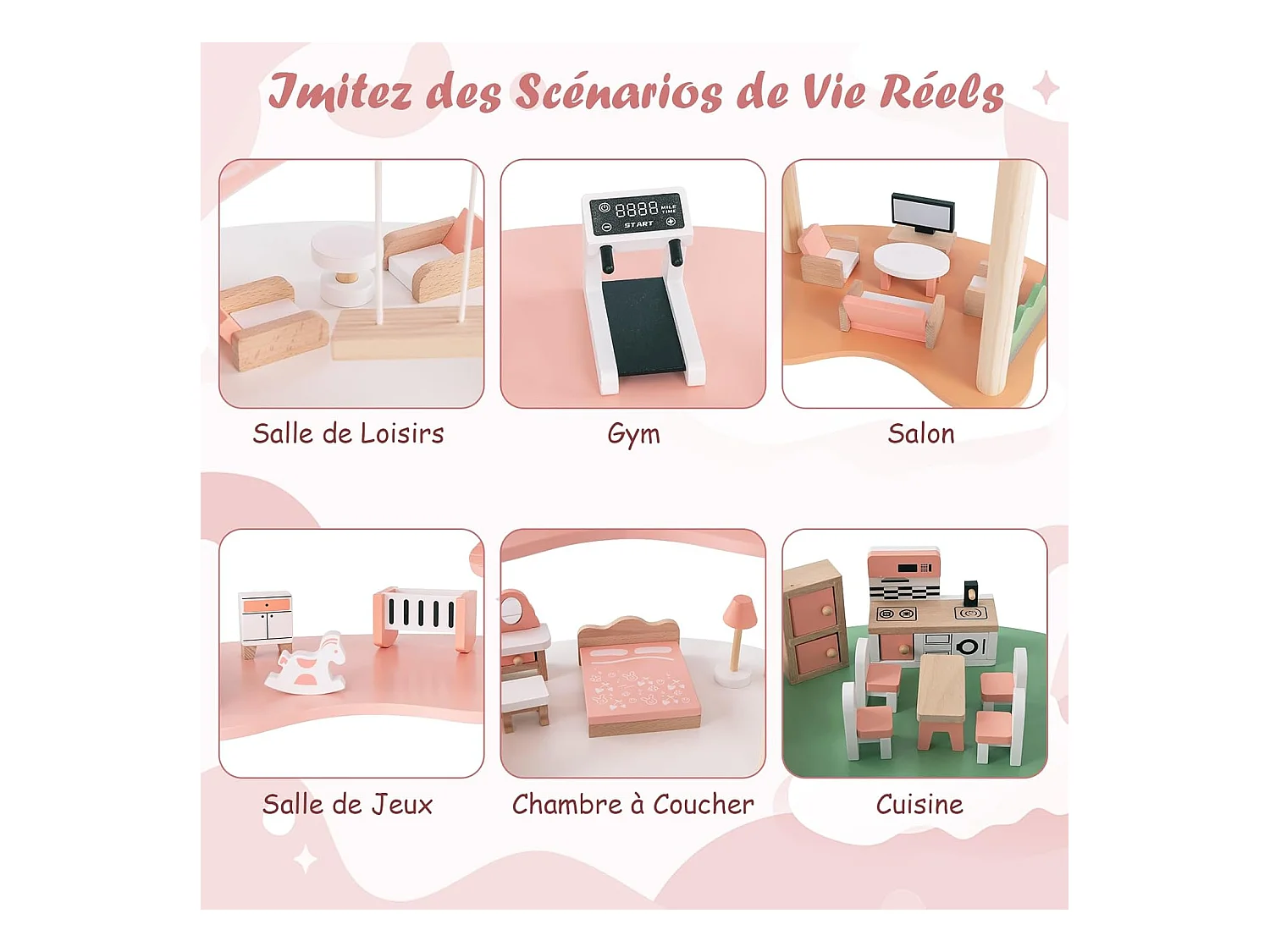 Maison de Poupée en Bois avec 7 Pièces & 32 Meubles, Maison de Rêve à 3 Étages avec Piano & Toit Rose, Jeu d’Imitation Princesse pour Enfants de 3-8 Ans