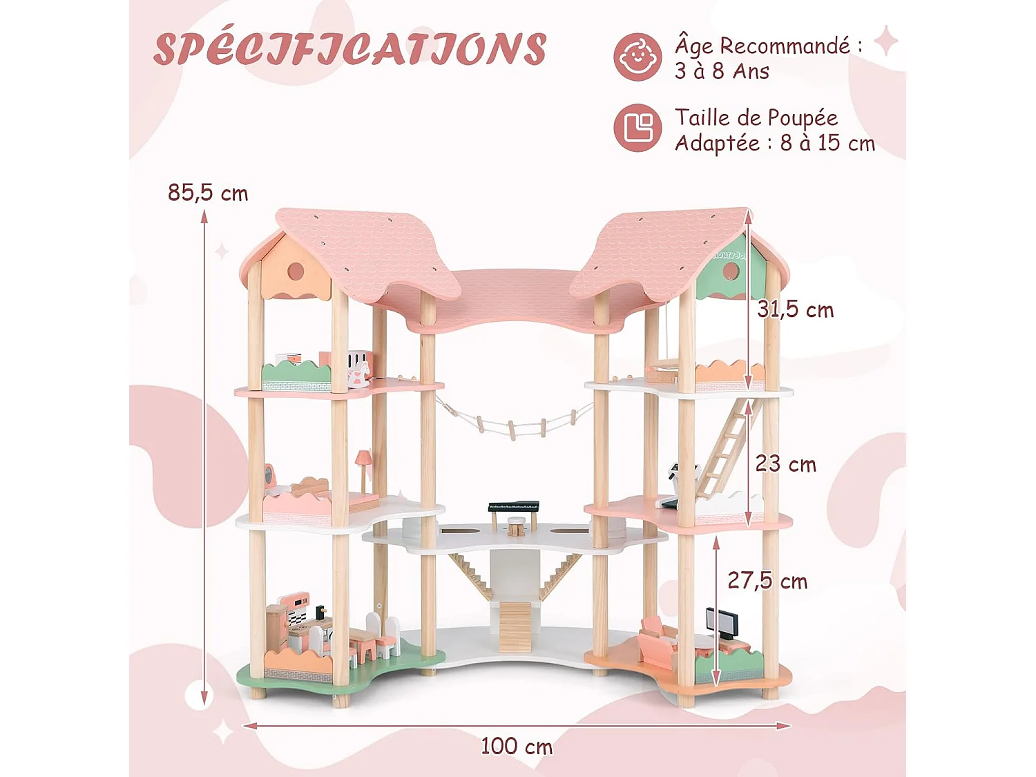 Maison de Poupée en Bois avec 7 Pièces & 32 Meubles, Maison de Rêve à 3 Étages avec Piano & Toit Rose, Jeu d’Imitation Princesse pour Enfants de 3-8 Ans