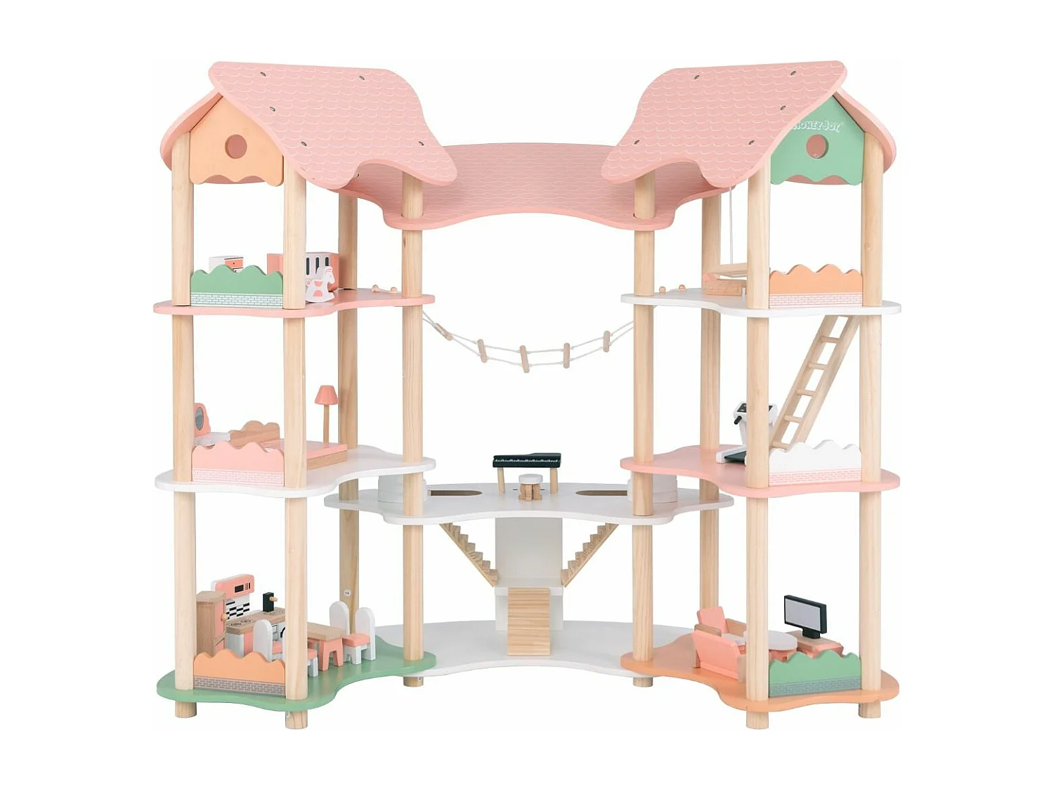 Maison de Poupée en Bois avec 7 Pièces & 32 Meubles, Maison de Rêve à 3 Étages avec Piano & Toit Rose, Jeu d’Imitation Princesse pour Enfants de 3-8 Ans
