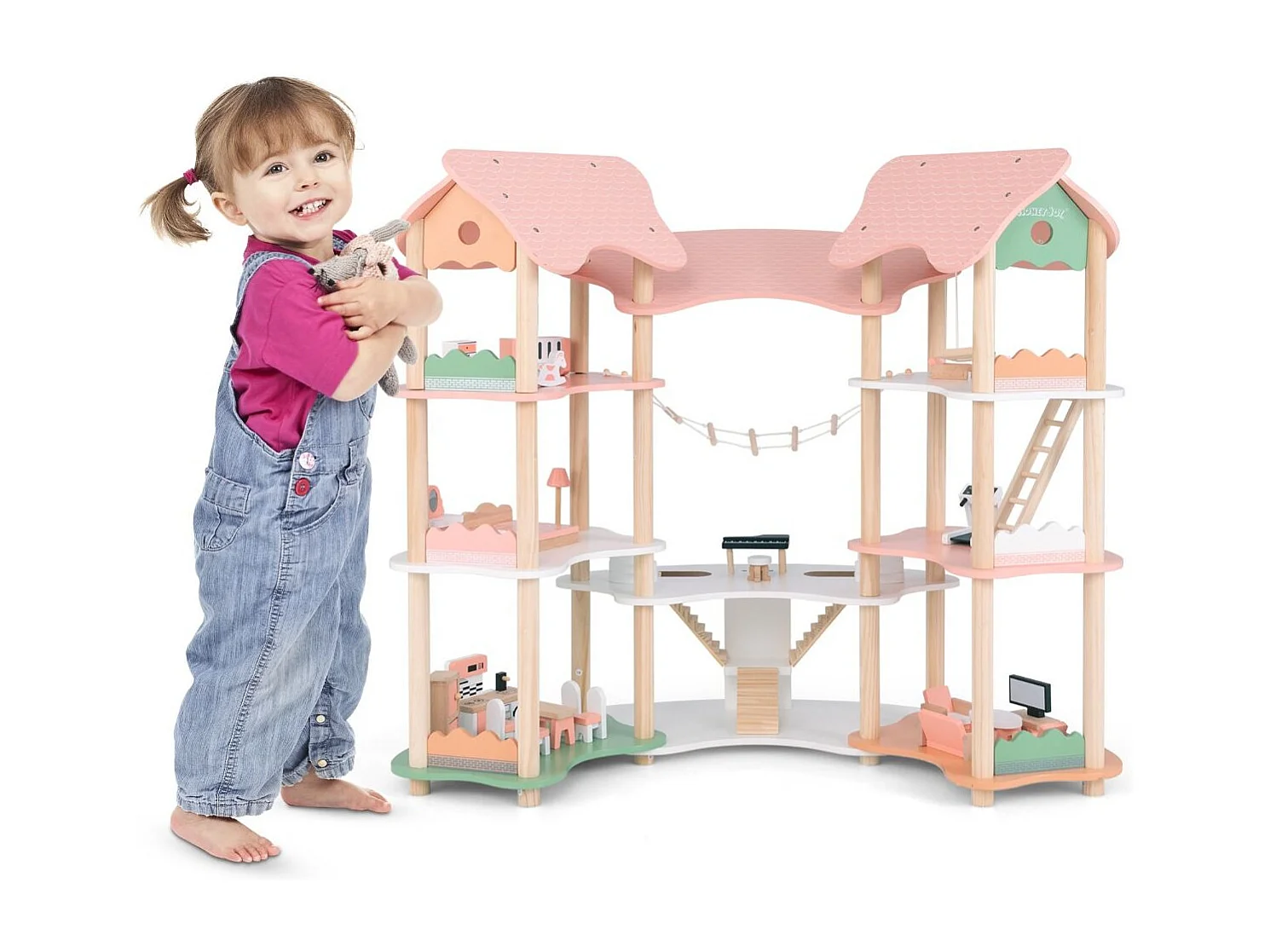 Maison de Poupée en Bois avec 7 Pièces & 32 Meubles, Maison de Rêve à 3 Étages avec Piano & Toit Rose, Jeu d’Imitation Princesse pour Enfants de 3-8 Ans