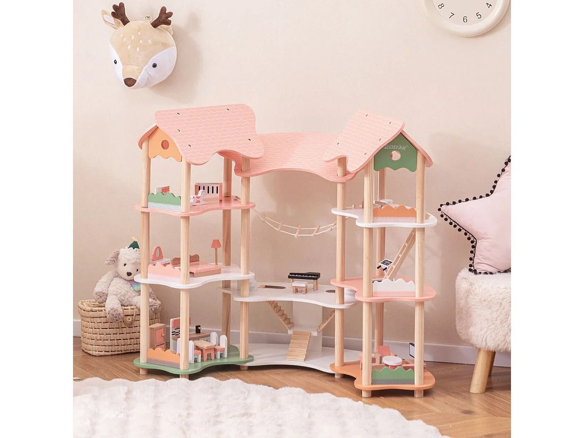 Maison de Poupée en Bois avec 7 Pièces & 32 Meubles, Maison de Rêve à 3 Étages avec Piano & Toit Rose, Jeu d’Imitation Princesse pour Enfants de 3-8 Ans