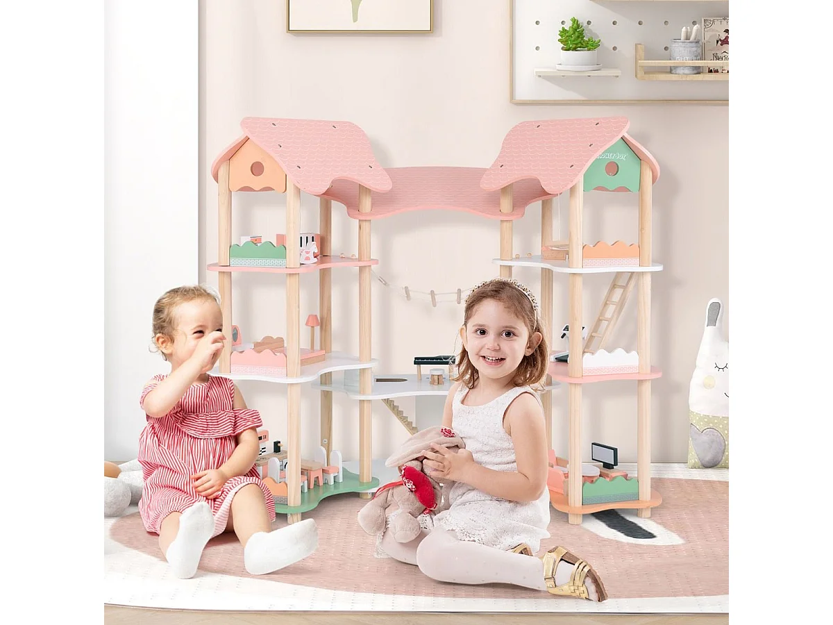 Maison de Poupée en Bois avec 7 Pièces & 32 Meubles, Maison de Rêve à 3 Étages avec Piano & Toit Rose, Jeu d’Imitation Princesse pour Enfants de 3-8 Ans