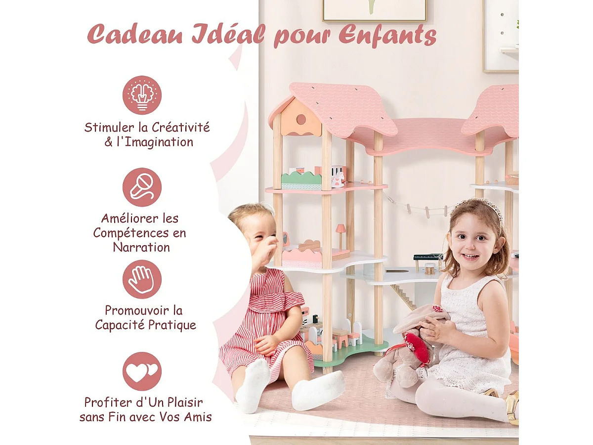 Maison de Poupée en Bois avec 7 Pièces & 32 Meubles, Maison de Rêve à 3 Étages avec Piano & Toit Rose, Jeu d’Imitation Princesse pour Enfants de 3-8 Ans