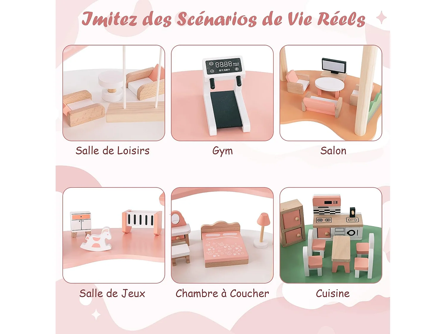 Maison de Poupée en Bois avec 7 Pièces & 32 Meubles, Maison de Rêve à 3 Étages avec Piano & Toit Rose, Jeu d’Imitation Princesse pour Enfants de 3-8 Ans