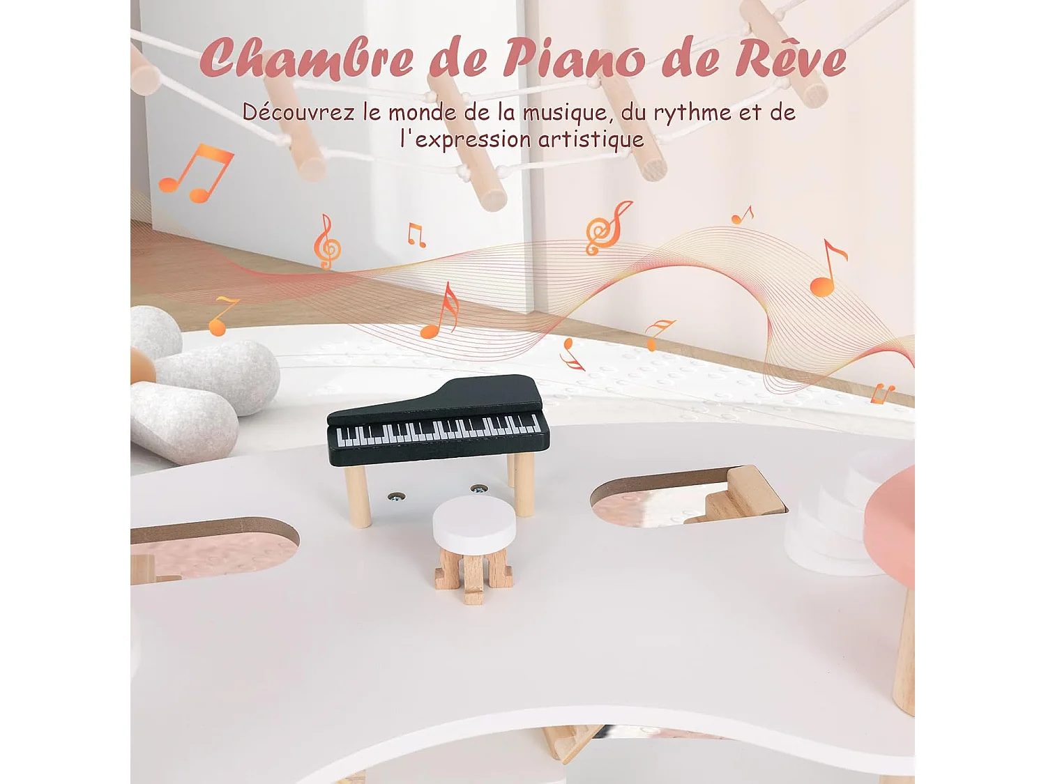 Maison de Poupée en Bois avec 7 Pièces & 32 Meubles, Maison de Rêve à 3 Étages avec Piano & Toit Rose, Jeu d’Imitation Princesse pour Enfants de 3-8 Ans