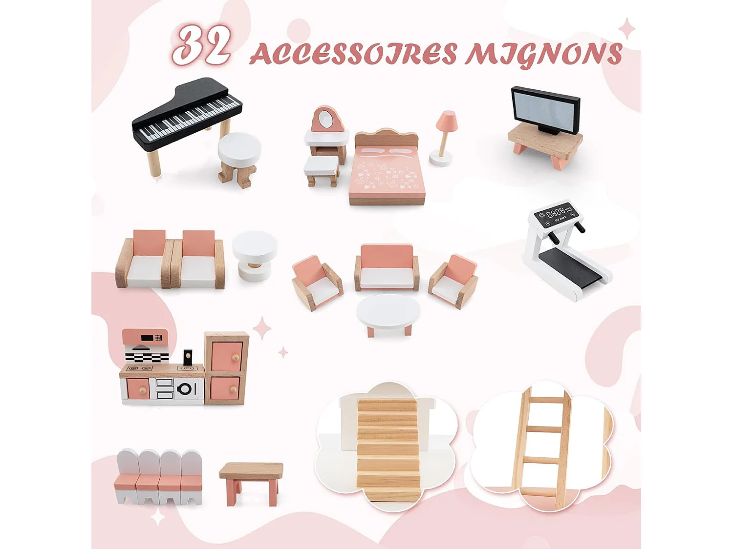 Maison de Poupée en Bois avec 7 Pièces & 32 Meubles, Maison de Rêve à 3 Étages avec Piano & Toit Rose, Jeu d’Imitation Princesse pour Enfants de 3-8 Ans