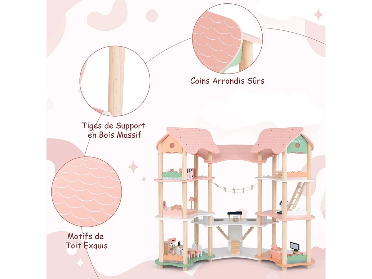 Maison de Poupée en Bois avec 7 Pièces & 32 Meubles, Maison de Rêve à 3 Étages avec Piano & Toit Rose, Jeu d’Imitation Princesse pour Enfants de 3-8 Ans