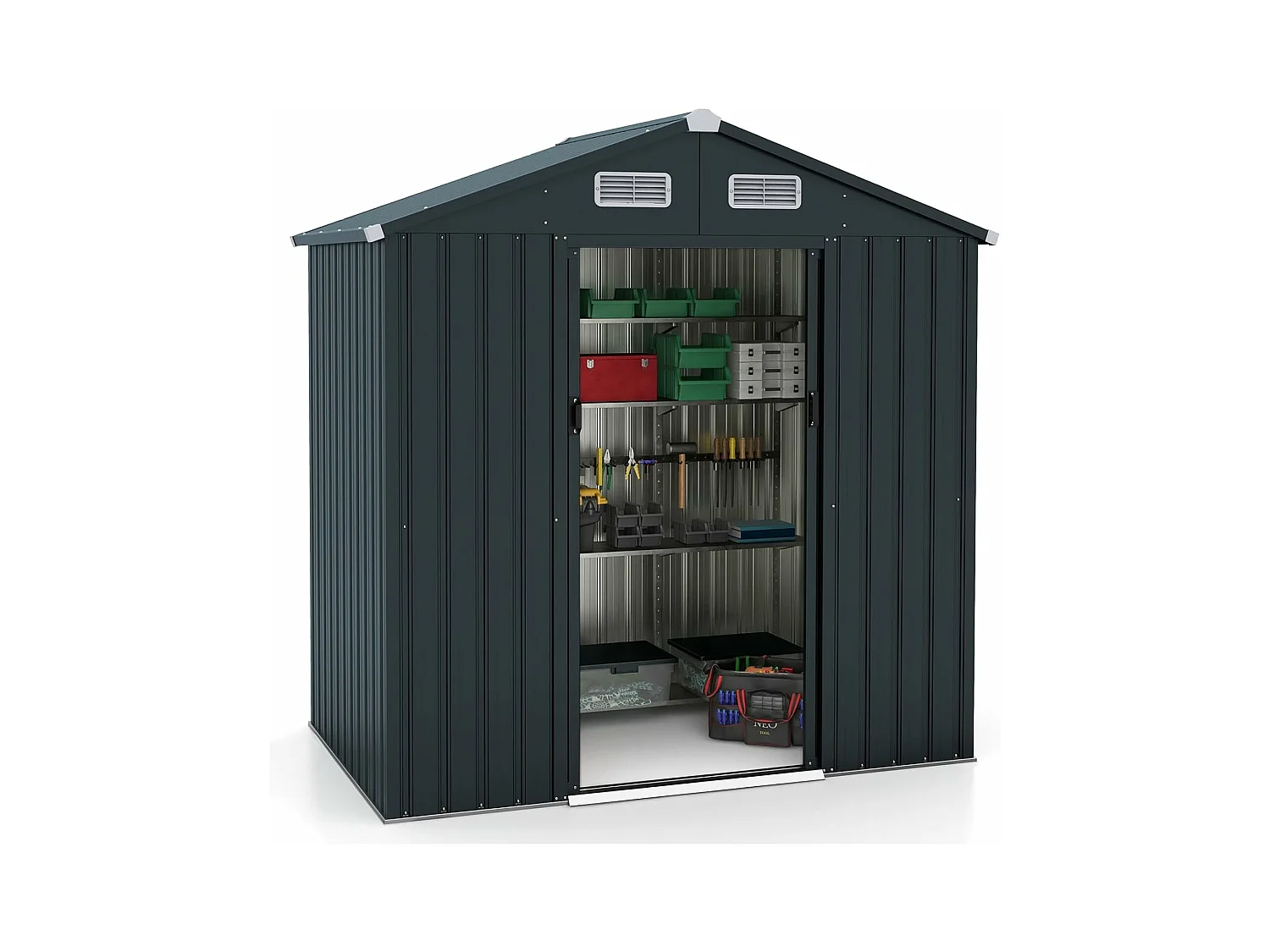 Abri de Jardin Métal Galvanisé 2,2㎡, Cabane Jardin Exterieur 3,2 m³avec Loquet, Portes Coulissantes, Toit en Pente, 4 Gants, 4 Trous d’Aérations