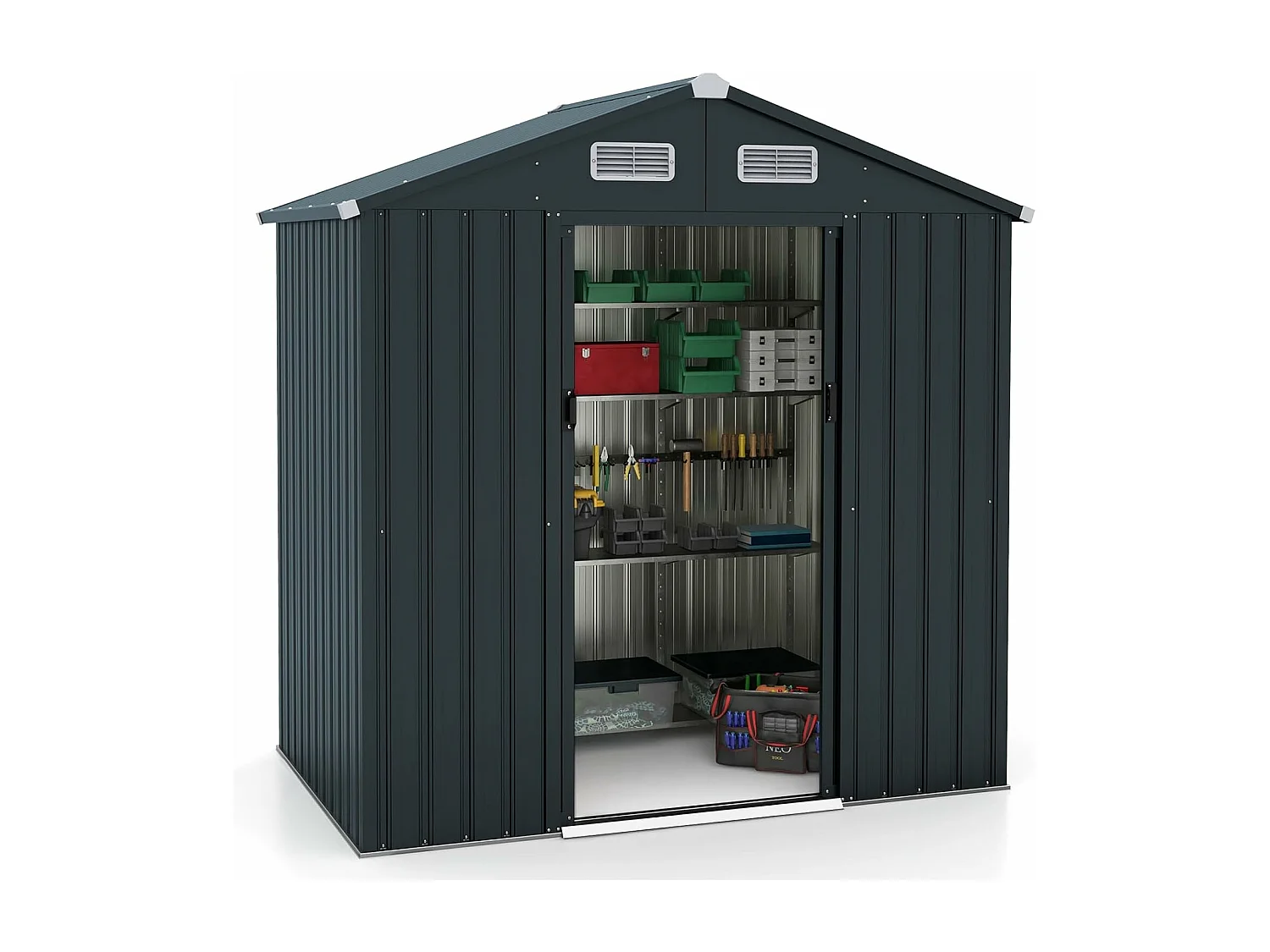 Abri de Jardin Métal Galvanisé 2,2㎡, Cabane Jardin Exterieur 3,2 m³avec Loquet, Portes Coulissantes, Toit en Pente, 4 Gants, 4 Trous d’Aérations