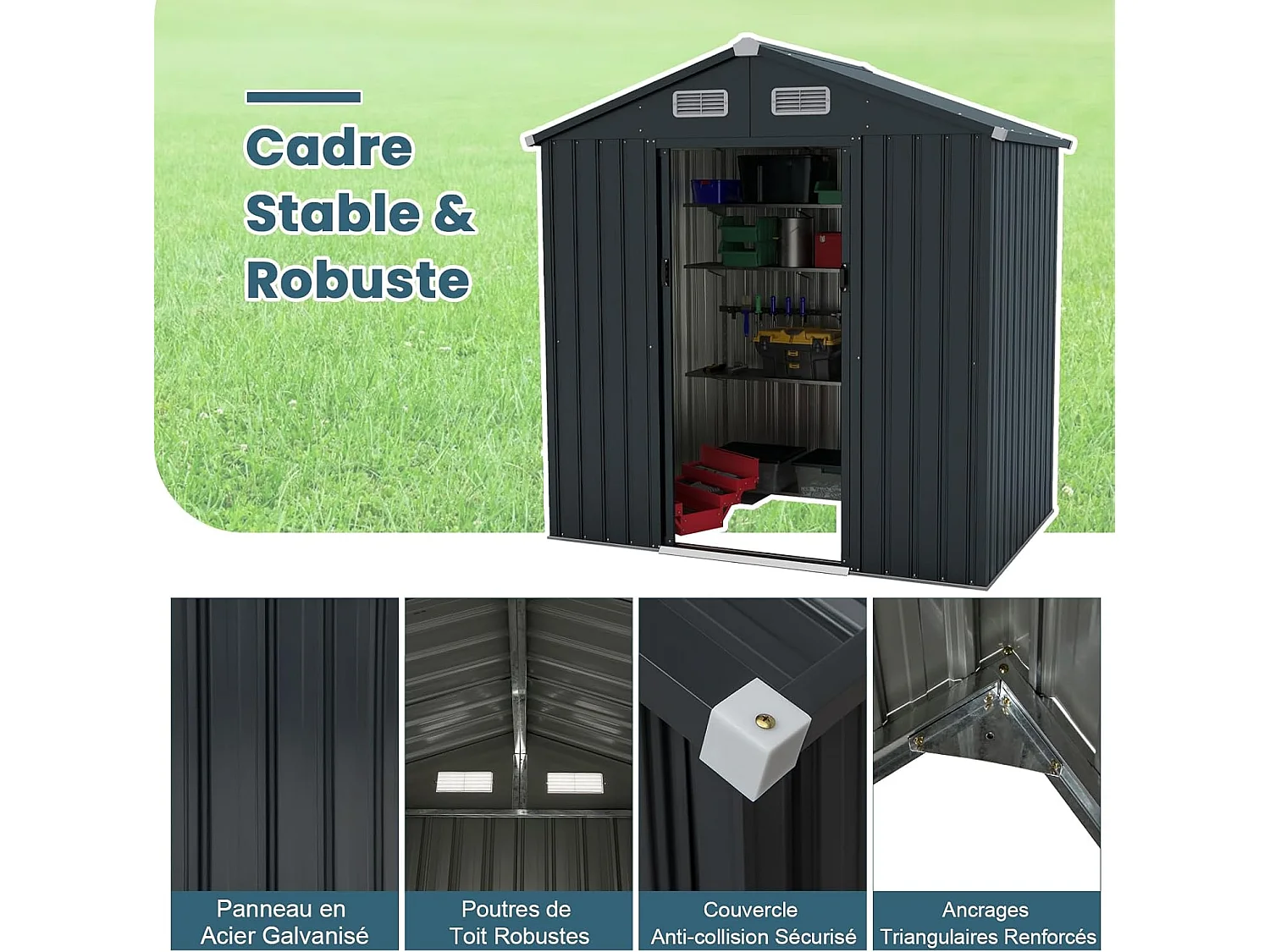 Abri de Jardin Métal Galvanisé 2,2㎡, Cabane Jardin Exterieur 3,2 m³avec Loquet, Portes Coulissantes, Toit en Pente, 4 Gants, 4 Trous d’Aérations