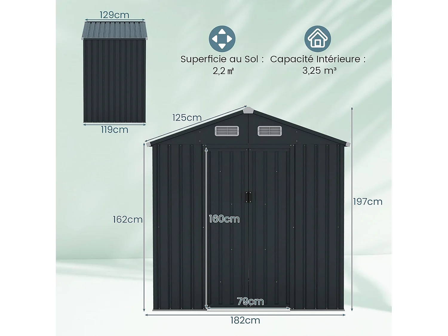 Abri de Jardin Métal Galvanisé 2,2㎡, Cabane Jardin Exterieur 3,2 m³avec Loquet, Portes Coulissantes, Toit en Pente, 4 Gants, 4 Trous d’Aérations