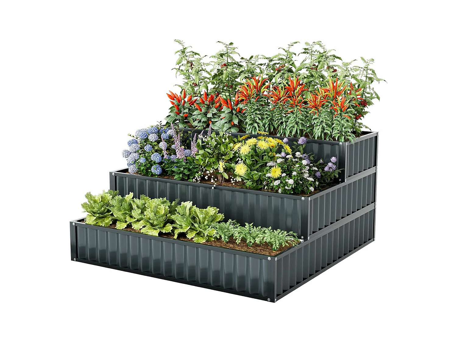 Jardinière Surélevée en Métal Robuste à 3 Niveaux 118 x 118 x 61 cm, Lit de Jardin Extérieure avec Base Ouverte pour Culture Fruits Légumes, pour Patio Balcon