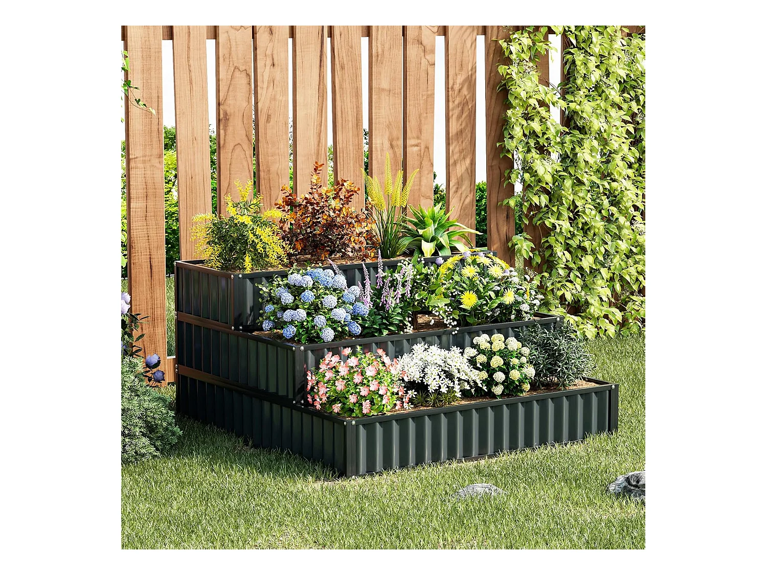 Jardinière Surélevée en Métal Robuste à 3 Niveaux 118 x 118 x 61 cm, Lit de Jardin Extérieure avec Base Ouverte pour Culture Fruits Légumes, pour Patio Balcon