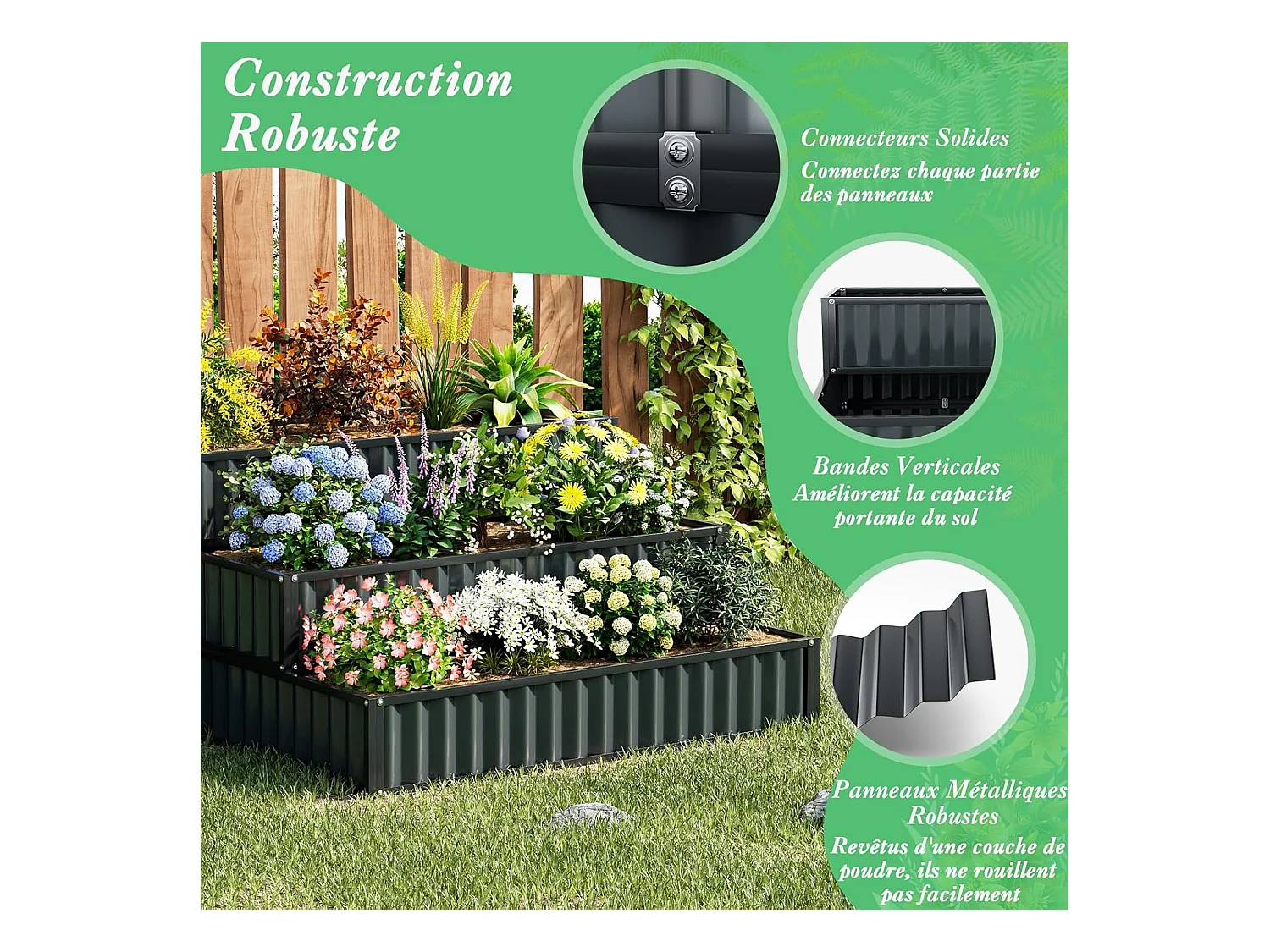 Jardinière Surélevée en Métal Robuste à 3 Niveaux 118 x 118 x 61 cm, Lit de Jardin Extérieure avec Base Ouverte pour Culture Fruits Légumes, pour Patio Balcon