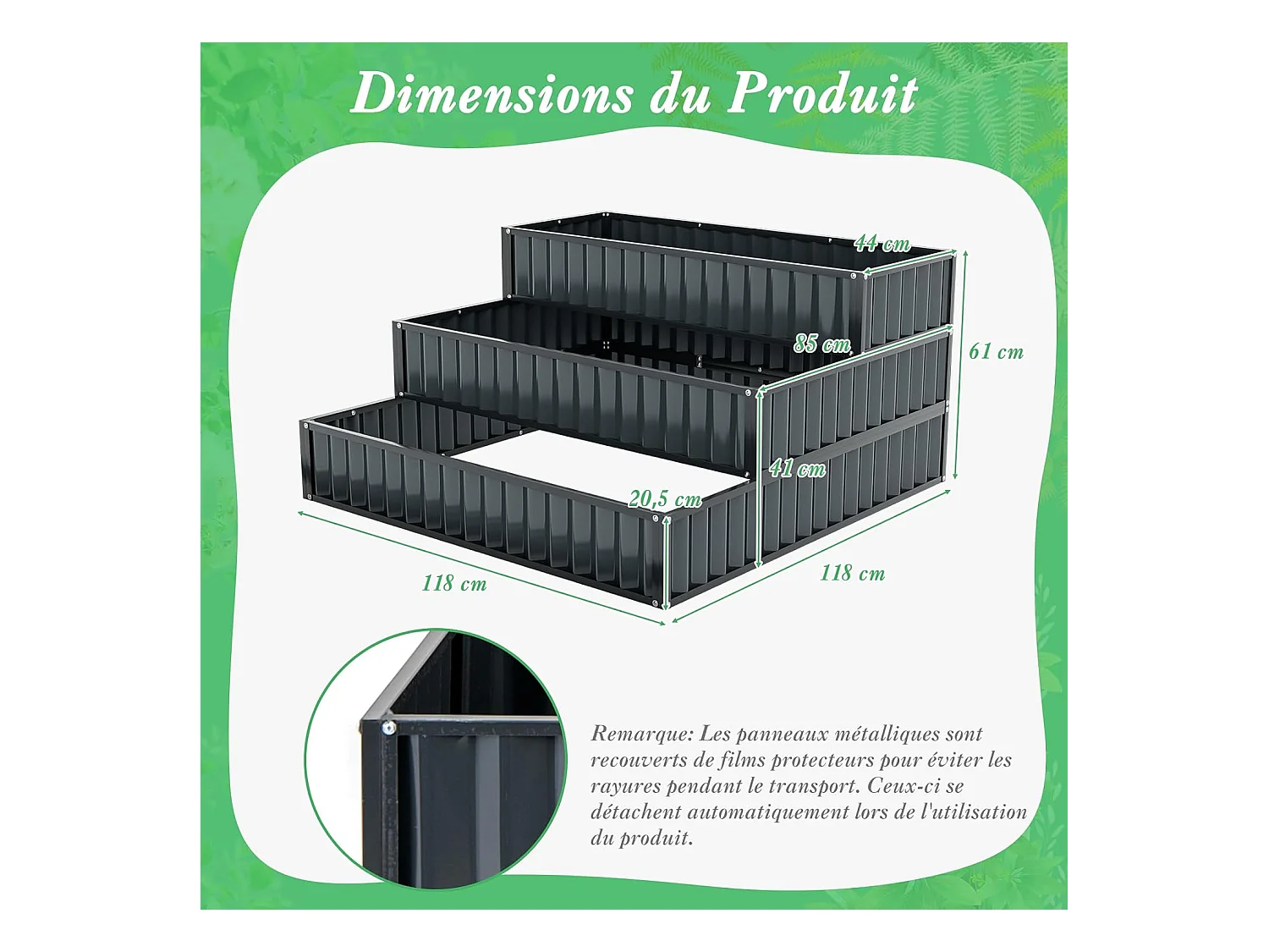 Jardinière Surélevée en Métal Robuste à 3 Niveaux 118 x 118 x 61 cm, Lit de Jardin Extérieure avec Base Ouverte pour Culture Fruits Légumes, pour Patio Balcon