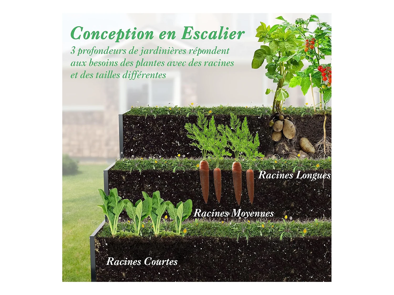 Jardinière Surélevée en Métal Robuste à 3 Niveaux 118 x 118 x 61 cm, Lit de Jardin Extérieure avec Base Ouverte pour Culture Fruits Légumes, pour Patio Balcon