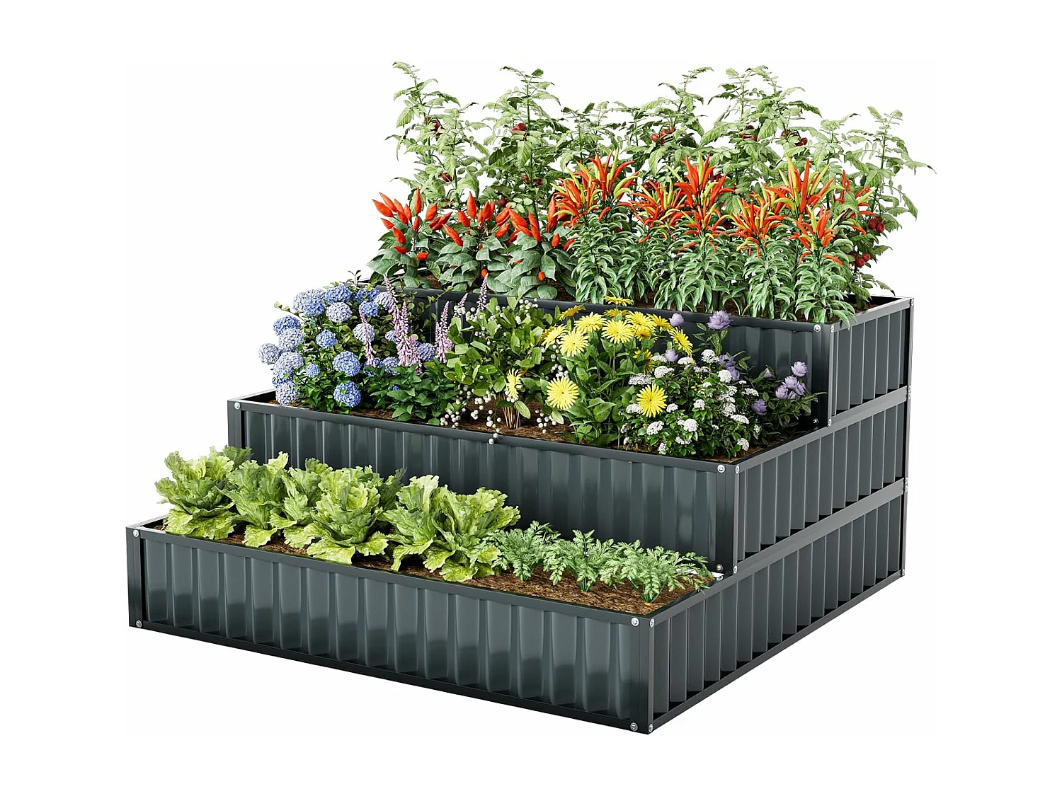 Jardinière Surélevée en Métal Robuste à 3 Niveaux 118 x 118 x 61 cm, Lit de Jardin Extérieure avec Base Ouverte pour Culture Fruits Légumes, pour Patio Balcon