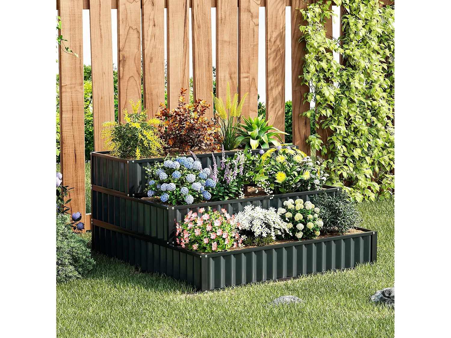 Jardinière Surélevée en Métal Robuste à 3 Niveaux 118 x 118 x 61 cm, Lit de Jardin Extérieure avec Base Ouverte pour Culture Fruits Légumes, pour Patio Balcon