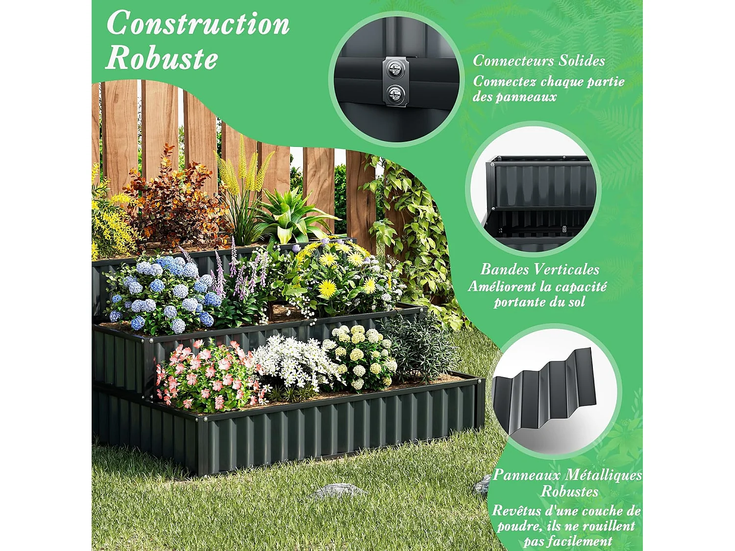 Jardinière Surélevée en Métal Robuste à 3 Niveaux 118 x 118 x 61 cm, Lit de Jardin Extérieure avec Base Ouverte pour Culture Fruits Légumes, pour Patio Balcon