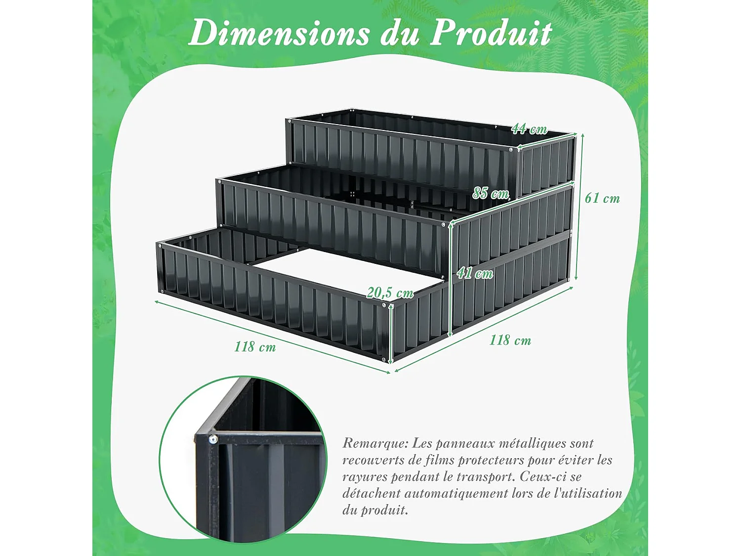 Jardinière Surélevée en Métal Robuste à 3 Niveaux 118 x 118 x 61 cm, Lit de Jardin Extérieure avec Base Ouverte pour Culture Fruits Légumes, pour Patio Balcon