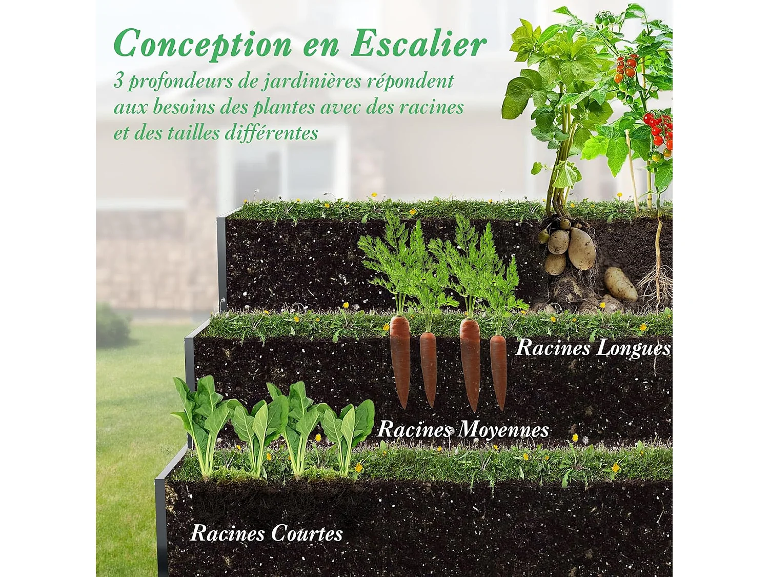 Jardinière Surélevée en Métal Robuste à 3 Niveaux 118 x 118 x 61 cm, Lit de Jardin Extérieure avec Base Ouverte pour Culture Fruits Légumes, pour Patio Balcon