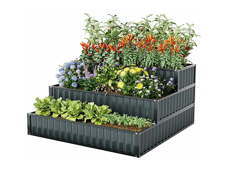 Jardinière Surélevée en Métal Robuste à 3 Niveaux 118 x 118 x 61 cm, Lit de Jardin Extérieure avec Base Ouverte pour Culture Fruits Légumes, pour Patio Balcon