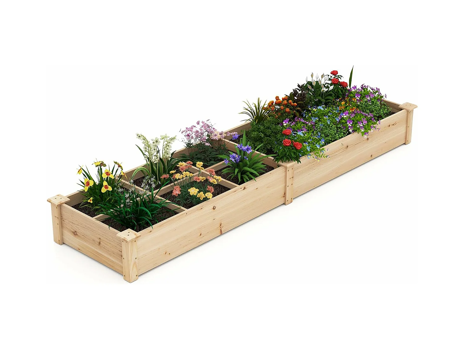 Jardinière Surélevée en Bois avec 2 Bacs à Fleurs et Séparateurs, Lit de Jardin pour Culture Fruits Légumes, Jardinière pour Patio Balcon, 228 x 62 x 25 cm
