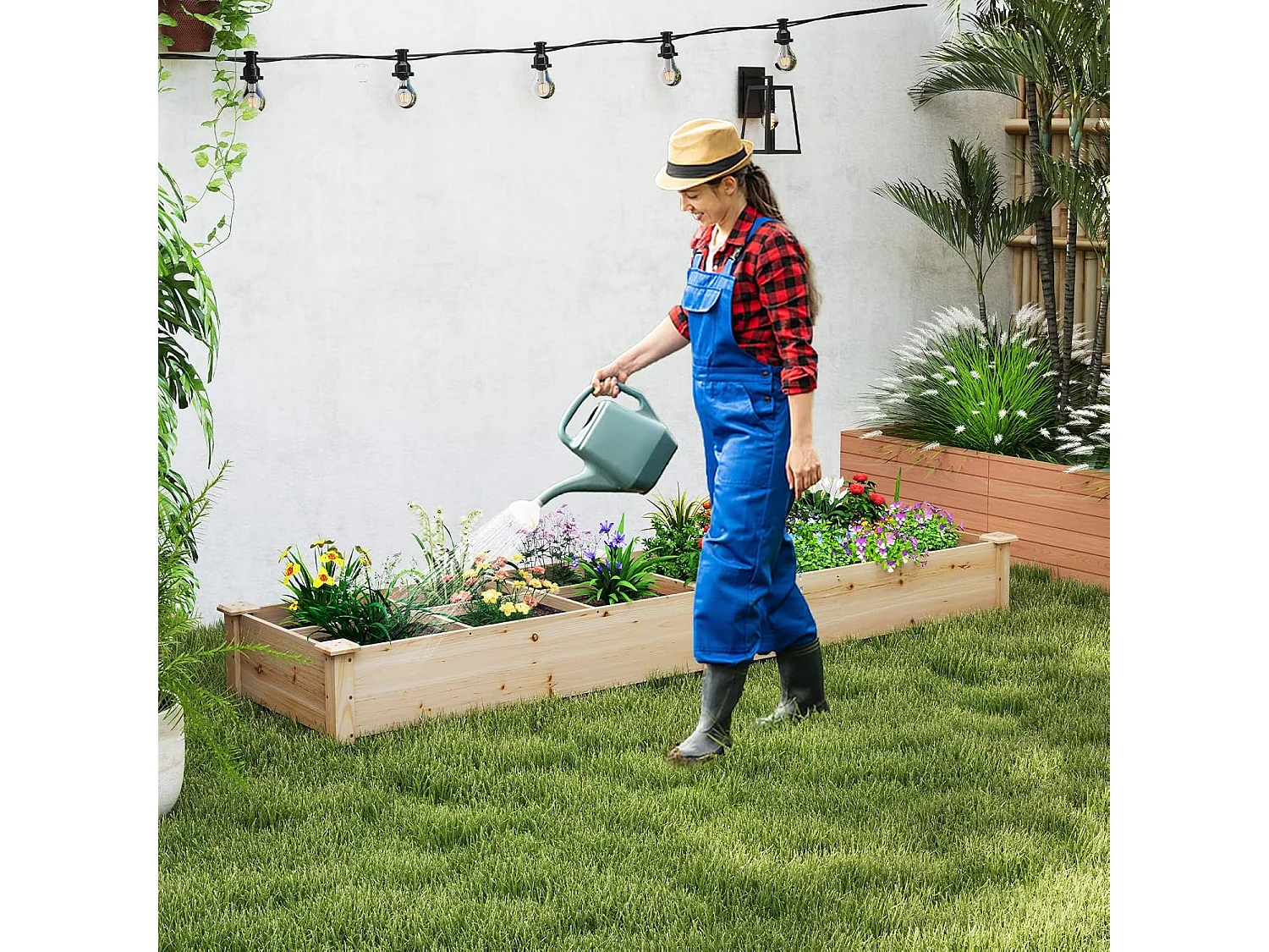 Jardinière Surélevée en Bois avec 2 Bacs à Fleurs et Séparateurs, Lit de Jardin pour Culture Fruits Légumes, Jardinière pour Patio Balcon, 228 x 62 x 25 cm