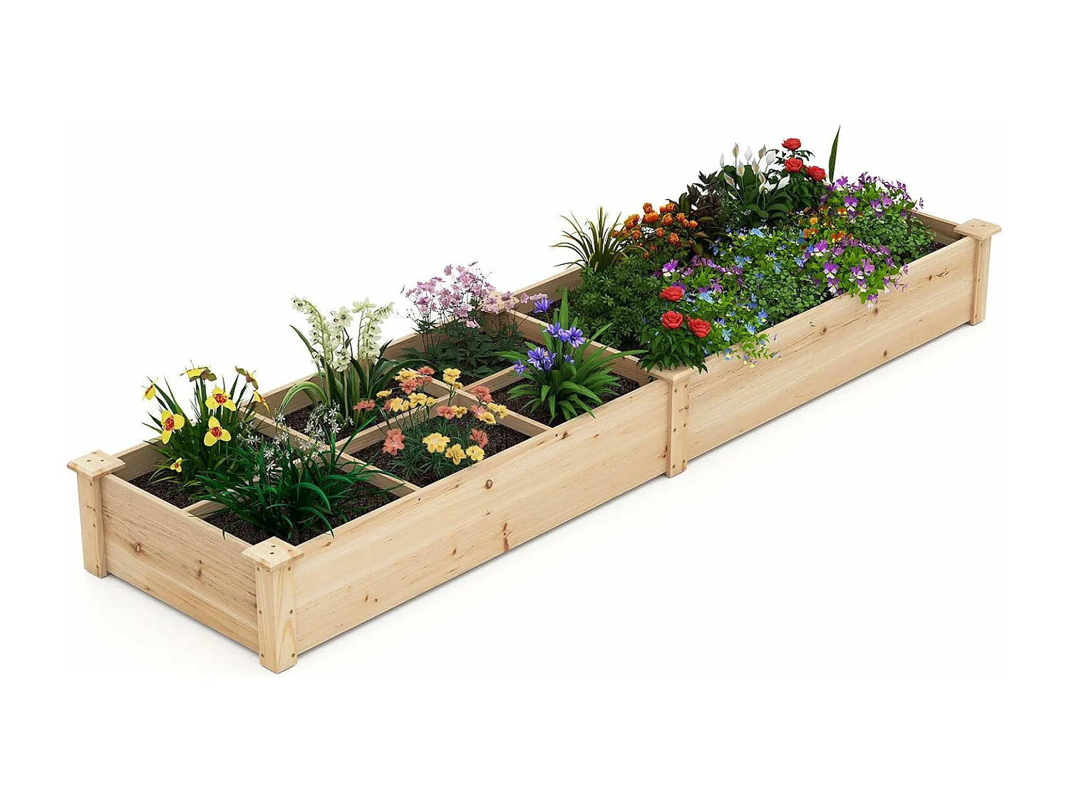 Jardinière Surélevée en Bois avec 2 Bacs à Fleurs et Séparateurs, Lit de Jardin pour Culture Fruits Légumes, Jardinière pour Patio Balcon, 228 x 62 x 25 cm