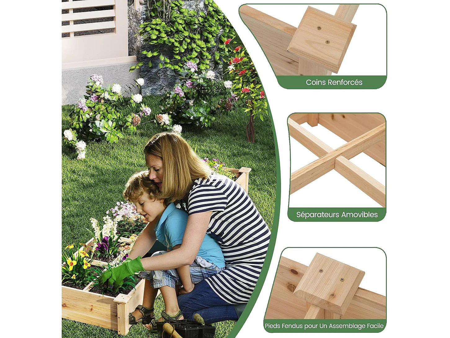 Jardinière Surélevée en Bois avec 2 Bacs à Fleurs et Séparateurs, Lit de Jardin pour Culture Fruits Légumes, Jardinière pour Patio Balcon, 228 x 62 x 25 cm