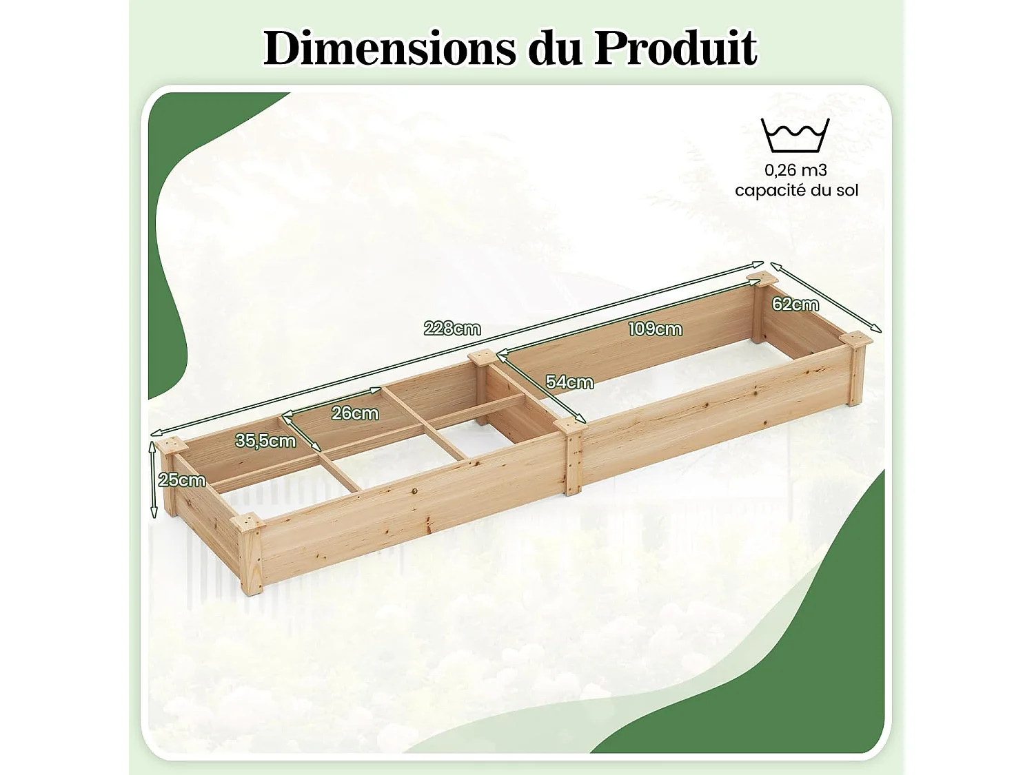 Jardinière Surélevée en Bois avec 2 Bacs à Fleurs et Séparateurs, Lit de Jardin pour Culture Fruits Légumes, Jardinière pour Patio Balcon, 228 x 62 x 25 cm