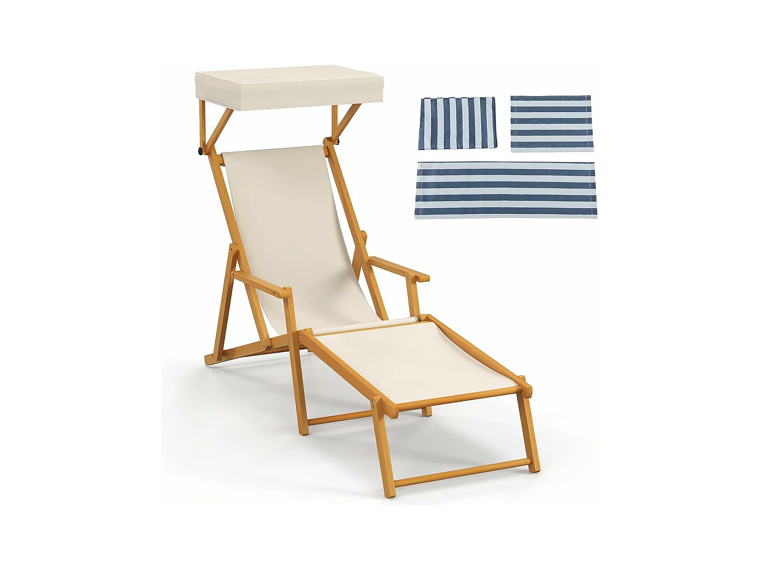 Chaise Longue Pliante à 4 Positions, Bain de Soleil Bois avec Remplacement, Canopée Réglable, 600D Oxford, Fauteuil Jardin Capacité 100 kg, 170 × 62 × 140 cm