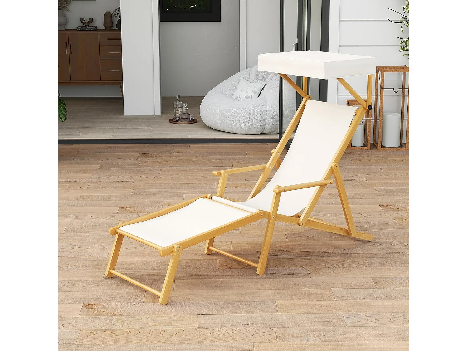Chaise Longue Pliante à 4 Positions, Bain de Soleil Bois avec Remplacement, Canopée Réglable, 600D Oxford, Fauteuil Jardin Capacité 100 kg, 170 × 62 × 140 cm