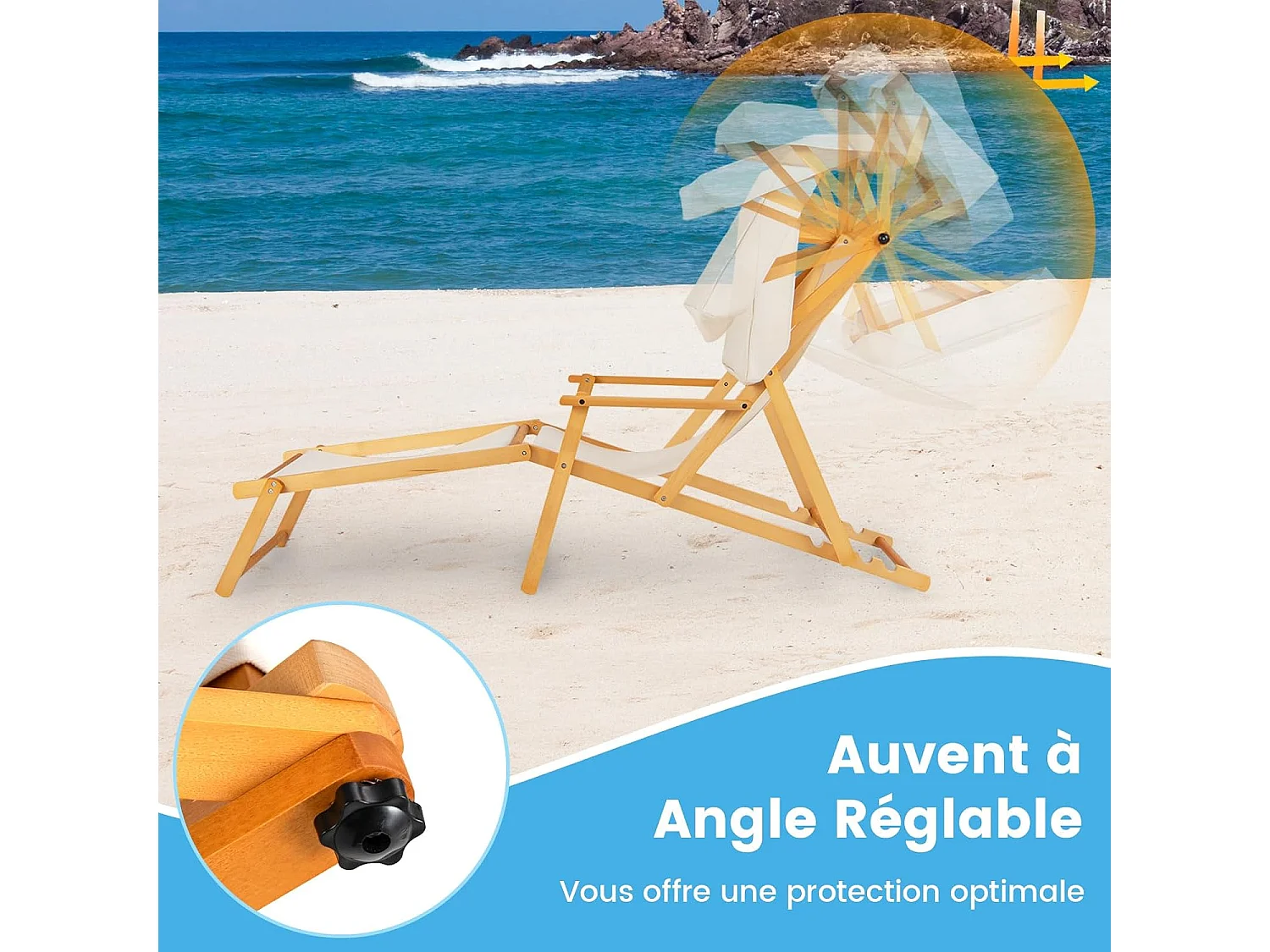 Chaise Longue Pliante à 4 Positions, Bain de Soleil Bois avec Remplacement, Canopée Réglable, 600D Oxford, Fauteuil Jardin Capacité 100 kg, 170 × 62 × 140 cm