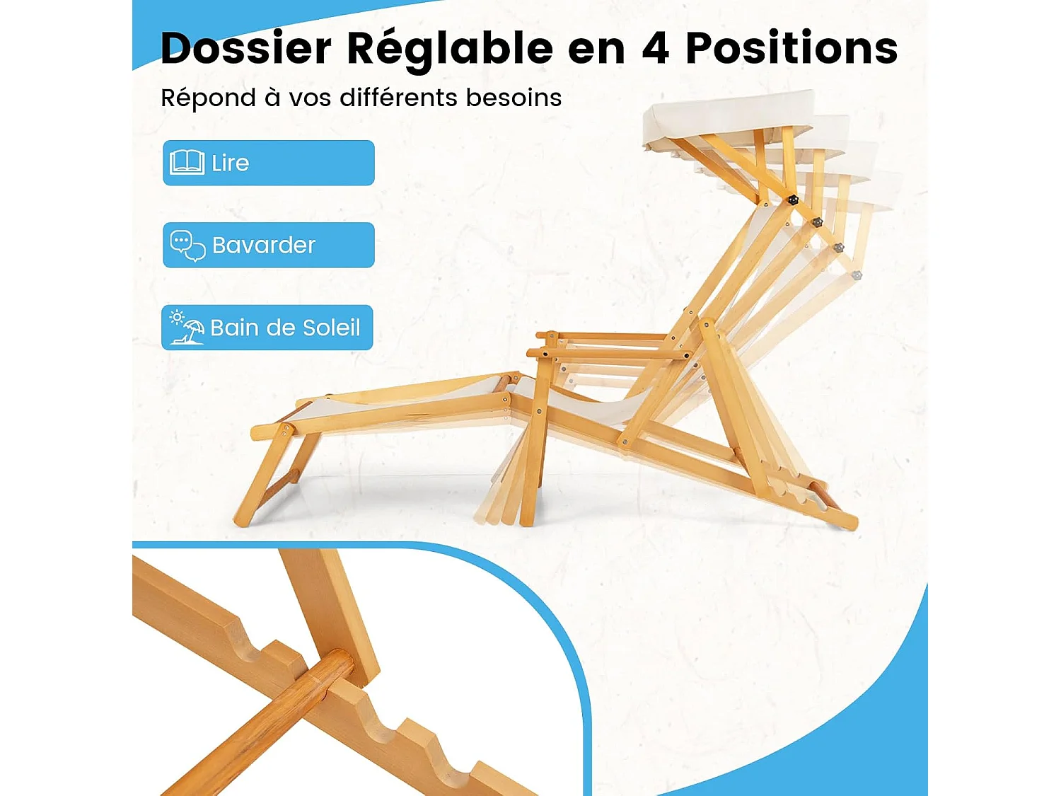 Chaise Longue Pliante à 4 Positions, Bain de Soleil Bois avec Remplacement, Canopée Réglable, 600D Oxford, Fauteuil Jardin Capacité 100 kg, 170 × 62 × 140 cm