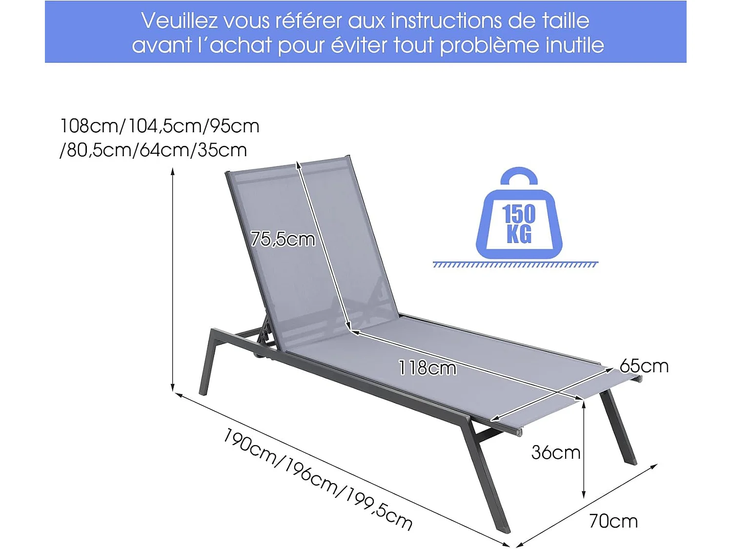 Bain de Soleil à 6 Positions, Transat Jardin, Tissu Respirant, Patins Antidérapants, Capacité 150 kg, Chaise Longue Pliante pour Jardin Piscine Plage, Gris