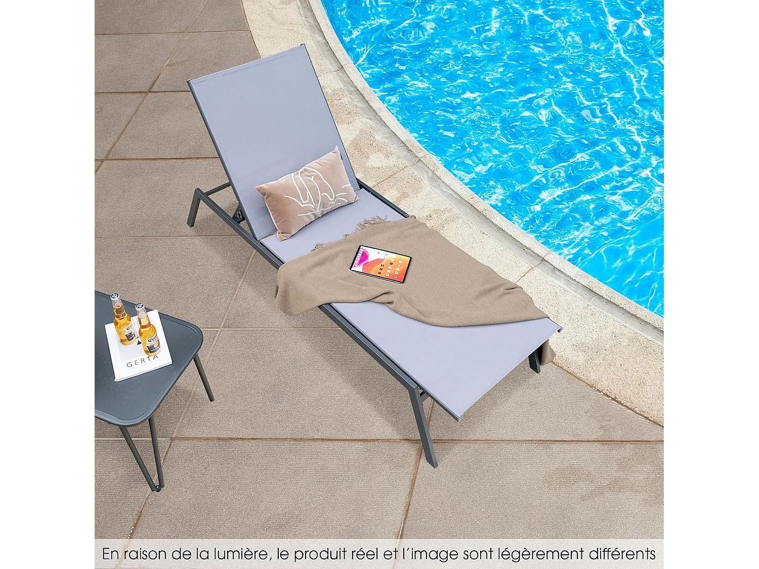 Bain de Soleil à 6 Positions, Transat Jardin, Tissu Respirant, Patins Antidérapants, Capacité 150 kg, Chaise Longue Pliante pour Jardin Piscine Plage, Gris